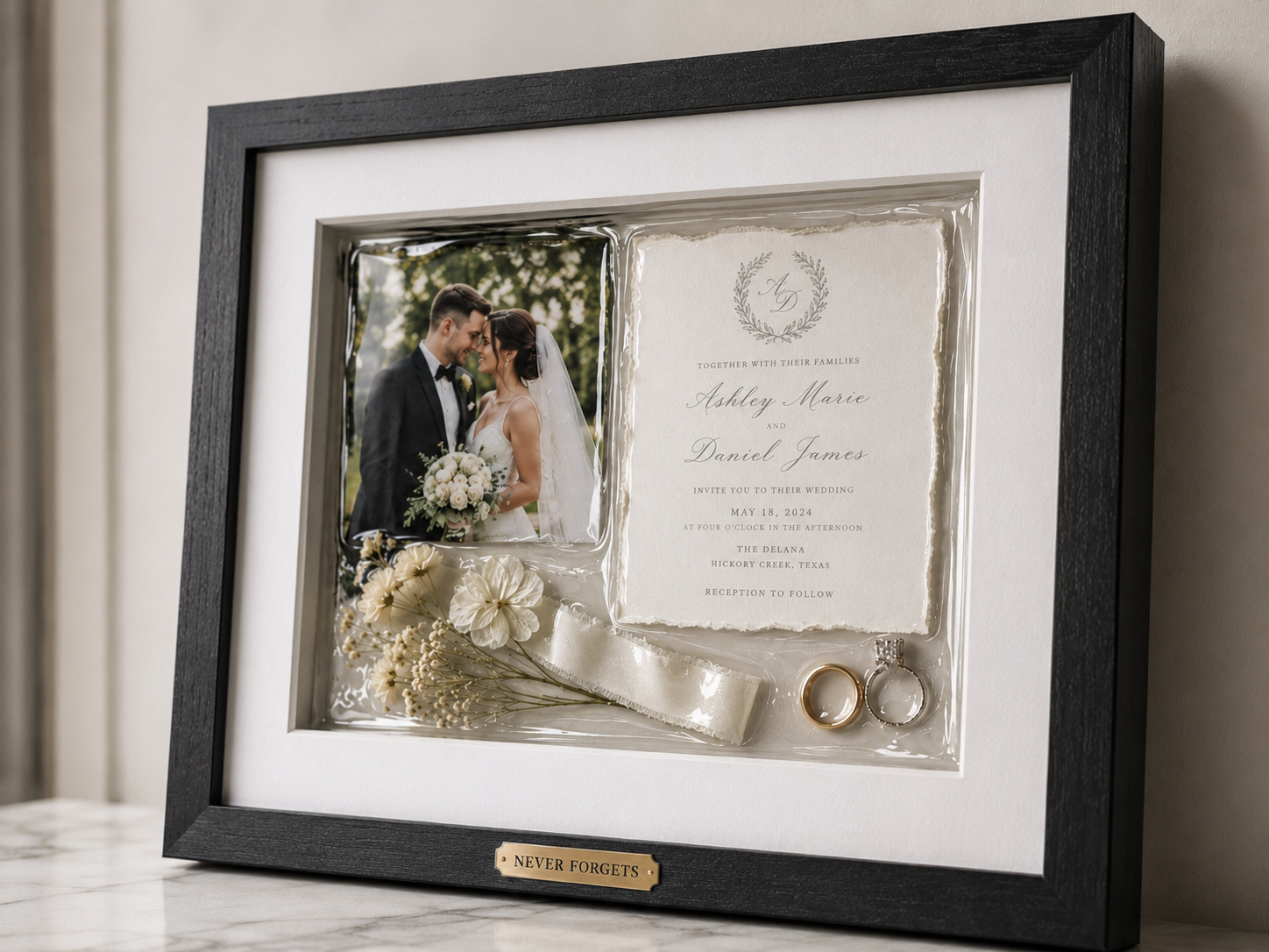 Memory Story frame — wedding invitation, rings, and florals in clear epoxy