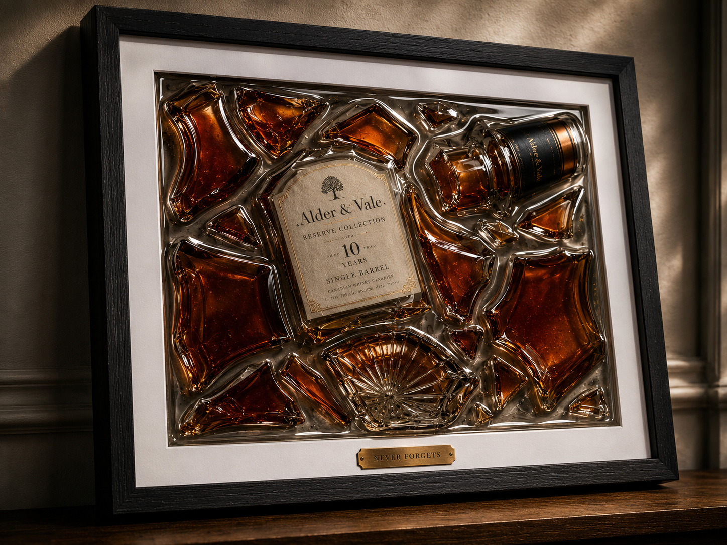 Never Forgets premium whiskey bottle preserved as dimensional epoxy wall art