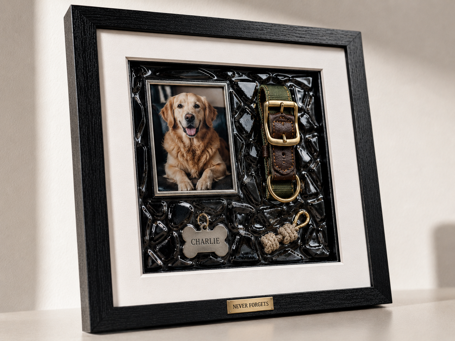 Pet collar and engraved tag detail