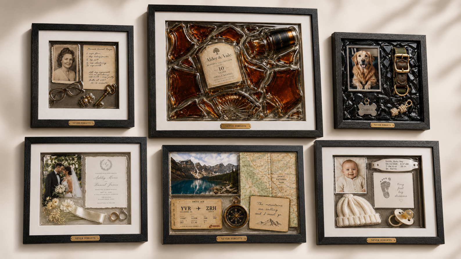 Six Never Forgets Frames showing bottles, loved ones, pets, weddings, travel, and baby milestones