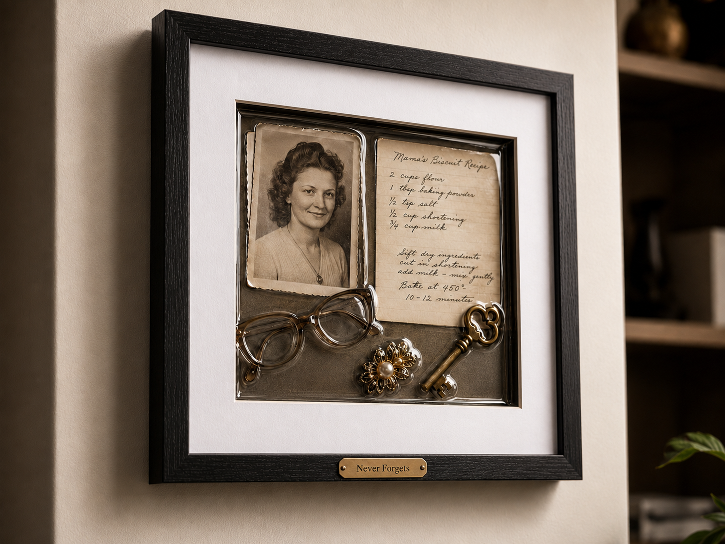 Memorial frame preserving photograph, glasses, handwritten recipe, and heirloom key